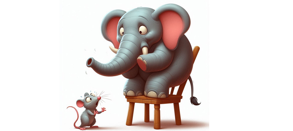 Cartoon image of an elephant on a chair, scared of a mouse.