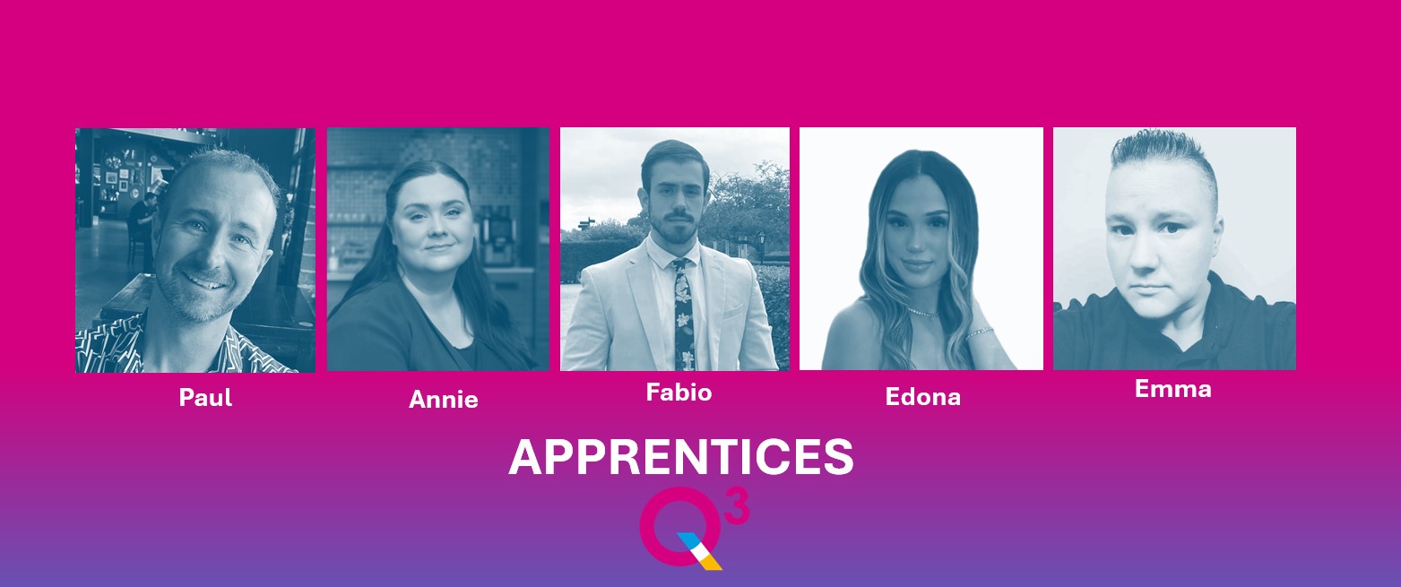 Q3 apprenticeship logo on purple background, with pictures of the five people hired as apprentices.